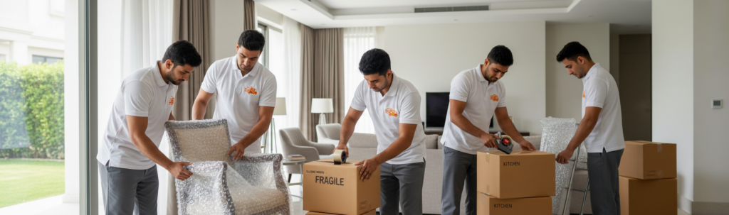 Experienced villa movers in Green Community using protective packing materials to ensure safe and damage-free villa relocation.