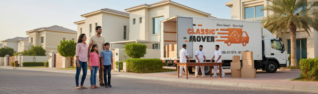 Happy family welcoming professional villa movers in Green Community Dubai after a smooth and stress-free villa moving service.