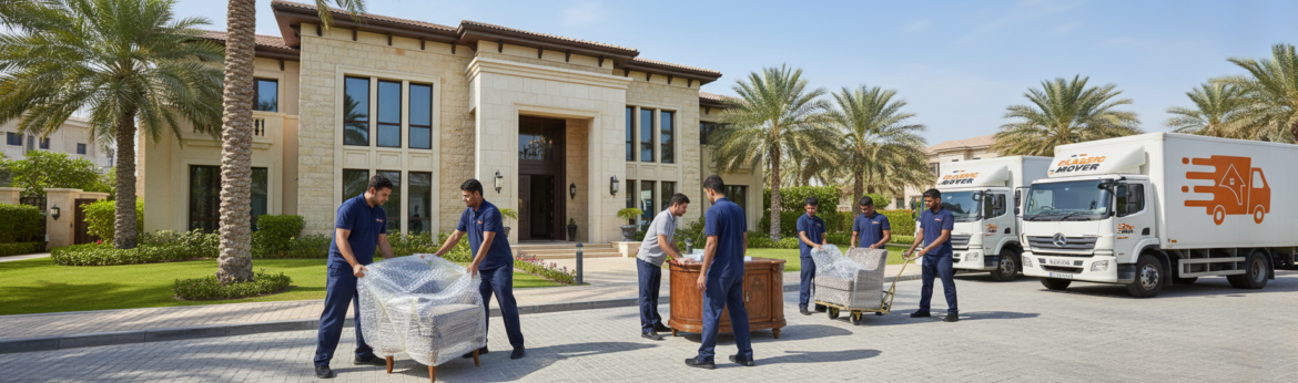 Luxury villa relocation service in Arabian Ranches Dubai with professional movers packing high-end household items safely