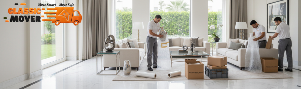 Expert team providing premium villa shifting Emirates Hills by carefully packing high-end furniture inside a luxury home