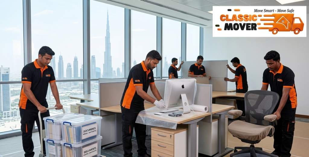 Trusted Movers UAE relocating office furniture, computers, and documents inside a modern Dubai commercial building