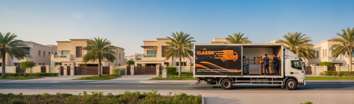 Professional villa moving services Al Barsha showing trained movers loading carefully wrapped furniture into a moving truck outside a modern villa in Dubai